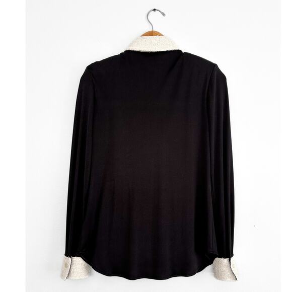 St. John Black White Silk Contrast Texture Collar Cuffs Button Down Top Blouse - Picture 4 of 9
